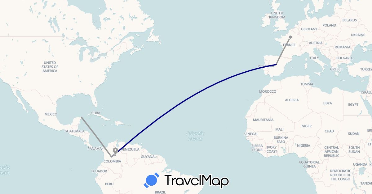 TravelMap itinerary: driving, plane in Colombia, Spain, France, Mexico (Europe, North America, South America)